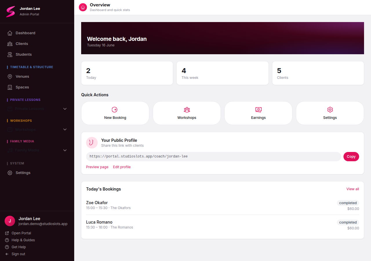 The StudioSlots dashboard