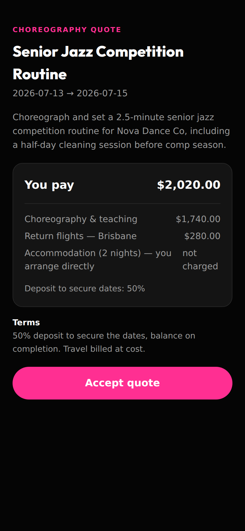 A choreography quote with fee breakdown and invoice status
