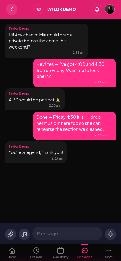 The StudioSlots messaging inbox