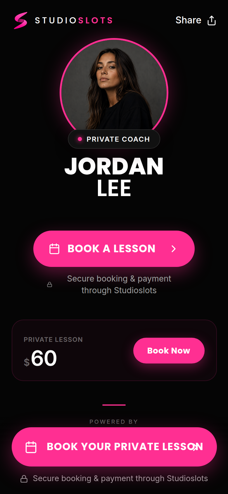 A coach's public profile and booking page